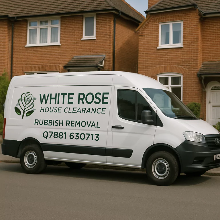 The White Rose house clearance van outside a property in Thirsk, North Yorkshire.