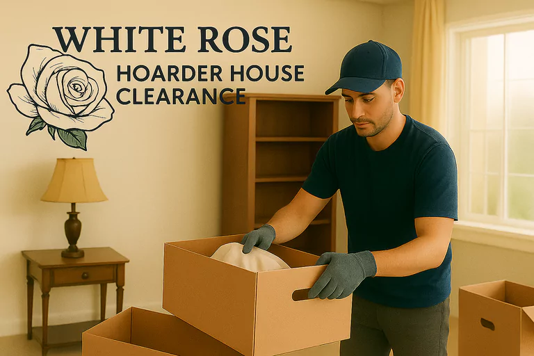The White Rose Team carefully sorting out sensitive items from a box from a Hoarder clearance in Bransholme